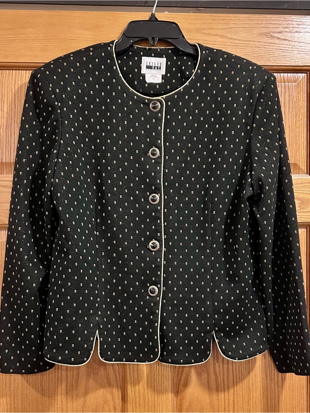 80s Vintage Leslie Fay Jacket Black Metallic Gold Trim & Scalloped Edge Size 16